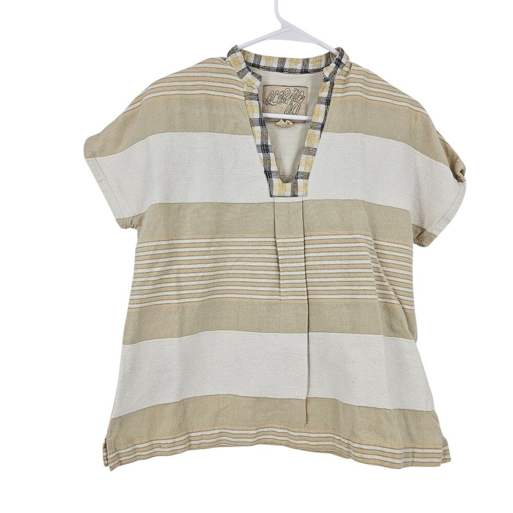 Ace & Jig Blouse Top Tan White Cotton Striped Short Sleeve V-neck Casual Size XS